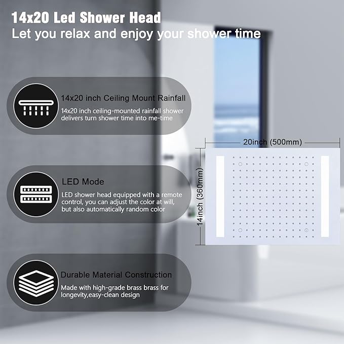 Thermostatic Shower System with 14x20 Inch Ceiling Mount LED Head & 6 Inch Wall Head and Handheld Shower 4 Function Vale with body jets Can All Run Together,Polished Chrome