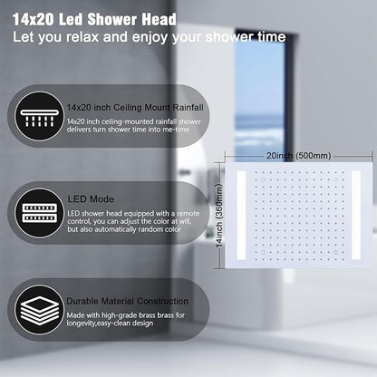 Thermostatic Shower System with 14x20 Inch Ceiling Mount LED Head & 6 Inch Wall Head and Handheld Shower 4 Function Vale with body jets Can All Run Together,Polished Chrome