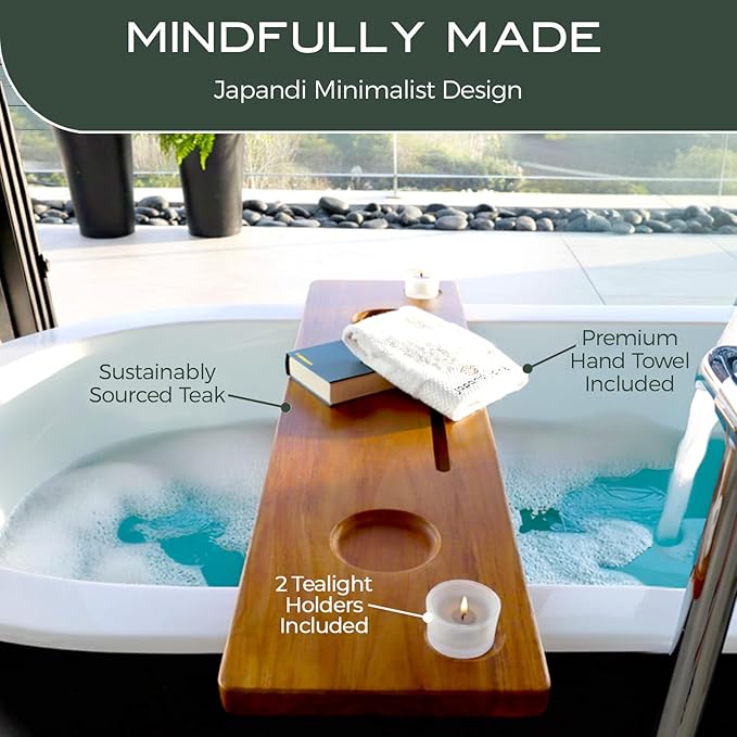 Grand Fjord | Teak Bathtub Tray for Large Soaking Tub | Extra Long 35” Luxury Bath Caddy for Freestanding Tubs | Minimalist Wooden Tub Tray with Candle Holders & Premium Towel by JapandiSpirit