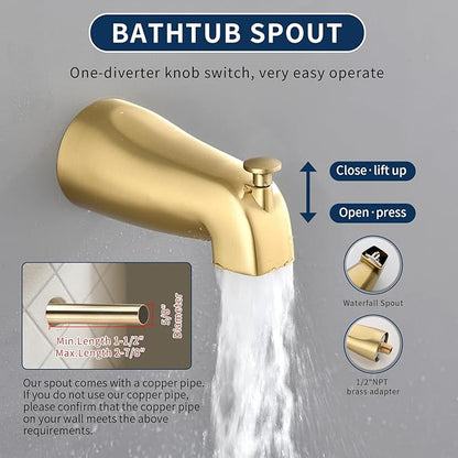 2 Handle Shower Faucet Set with Tub Spout Bathtub Shower Faucet Combo Set Shower System Complete Tub and Shower Trim Kit Brushed Gold Wall Mounted Shower Fixtures