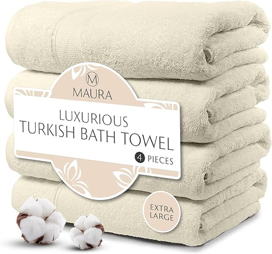 MAURA Ivory Extra Large Turkish Cotton Luxury Bath Towels Set of 4. Ultra-Soft, Thick & Plush Towels for Bathroom - Cream