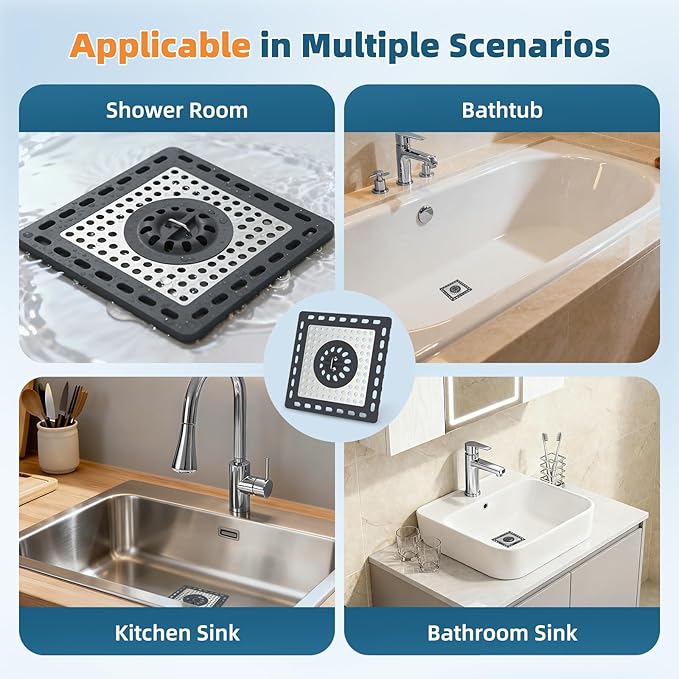 Hibbent 2 Pack Shower Drain Hair Catcher, Shower Drain Cover for Bathroom Floor 4" Drain, Anti-Clogging Bathtub Drain Strainer, Stainless Steel Kitchen Sink Drain Strainer with Handle, Dark Grey