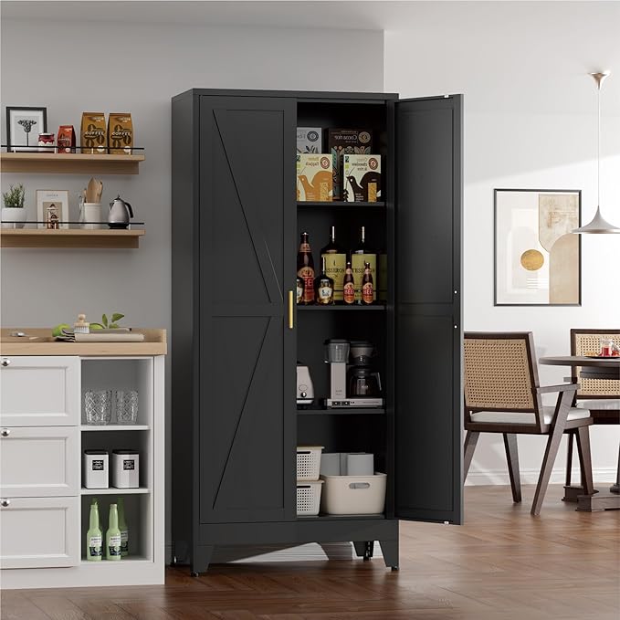 61" Tall Metal Kitchen Pantry Storage Cabinet with Double Doors & 3 Adjustable Shelves, Freestanding Cupboard for Kitchen, Dining Room, Bathroom, Black