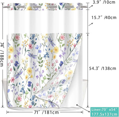 No Hook Shower Curtain Set with Snap in Fabric Liner for Bathroom,with See Through Top Window,Double Shower Curtain with Detachable Liner Replacement,Machine Washable,Flowers,71"x 74"
