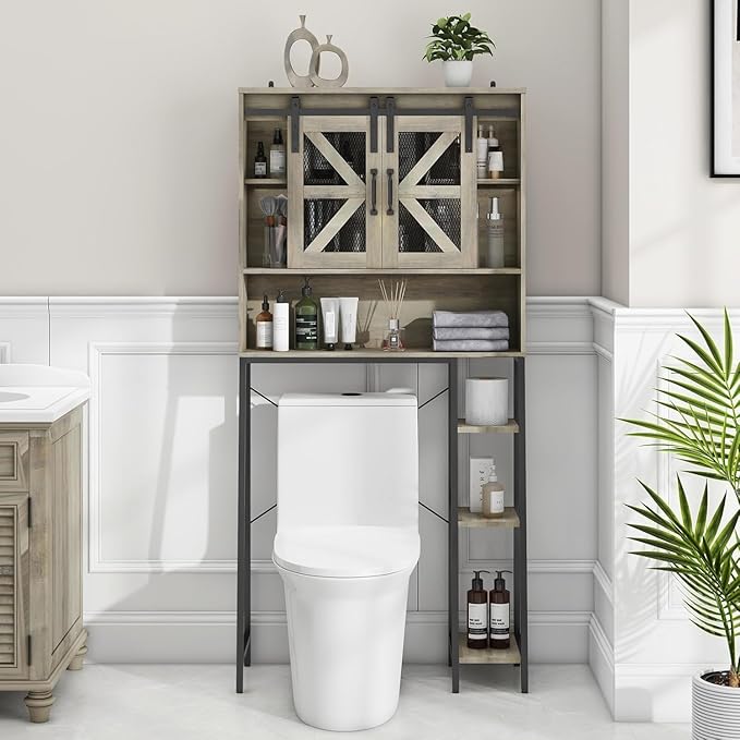 Vabches Over The Toilet Storage Cabinet, Farmhouse Storage Cabinet Over Toilet with Sliding Barn Door，Home Space-Saving Toilet Rack, for Bathroom, Restroom, Laundry(Grey).