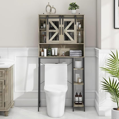 Vabches Over The Toilet Storage Cabinet, Farmhouse Storage Cabinet Over Toilet with Sliding Barn Door，Home Space-Saving Toilet Rack, for Bathroom, Restroom, Laundry(Grey).