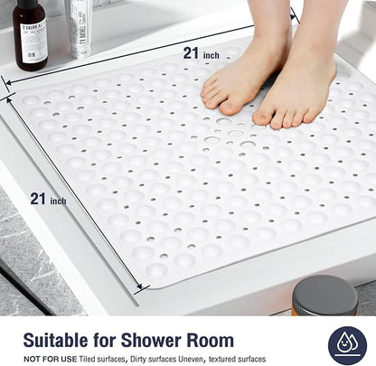 White Square Shower Bathtub Mat Non Slip 21x21 Inch, Soft Bath Mat for Inside Shower Tub, Shower Stall Mats for Bathroom Floor with Big Suction Cups Drain Holes, Easy Washable Dry BPA-Free
