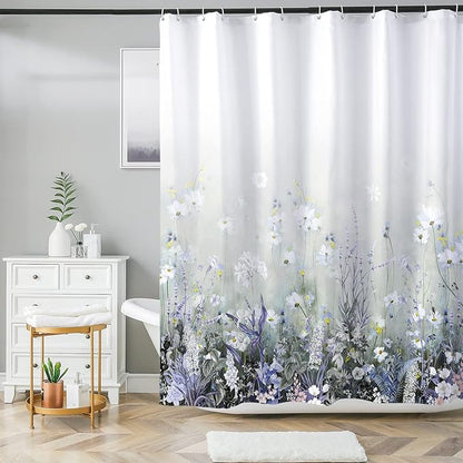Bohemian Shower Curtain, Boho Floral Print Water Repellent Polyester Fabric for Bathroom Decor, 72×72 Inch Standard Size with 12 Hooks, Also as Room Divider