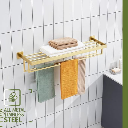 KOKOSIRI 32'' Towel Shelf Holder Bathroom Towel Rack with Two Bath Towel Bars Rails SUS304 Stainless Steel Wall Mount, Brushed Gold B6003BG-L32