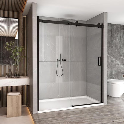 Sunrosa Semi-Frameless Glass Shower Door, 60" W x 76" H Single Sliding Shower Door, Shower Door with Tempered Glass 5/16"(8mm), Black