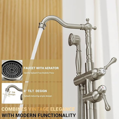 Freestanding Tub Faucet Sets, JetsBath Floor Mount BathTub Filler with 360° Swivel Spout & Handheld Sprayer, Brushed Nickel Floor Mount Bathtub Faucet Single Handle with Supply Hose