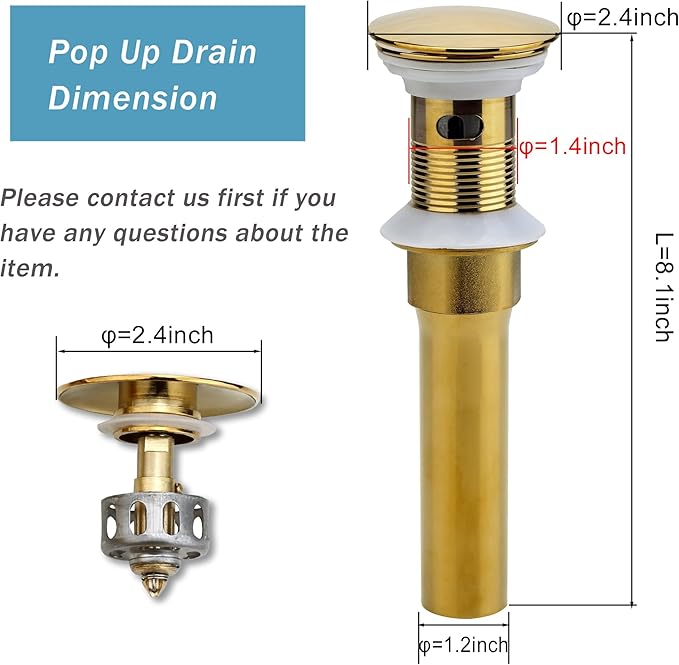 Bathroom Sink Drain, 5 Pack Gold Drain Stopper Bathroom Sink with Overflow, Pop Up Drain Assembly with Detachable Strainer Basket, Built-in Anti-Clogging Strainer,Stainless Steel