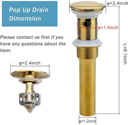 Bathroom Sink Drain, 2 Pack Gold Drain Stopper Bathroom Sink with Overflow, Pop Up Drain Assembly with Detachable Strainer Basket, Built-in Anti-Clogging Strainer,Stainless Steel
