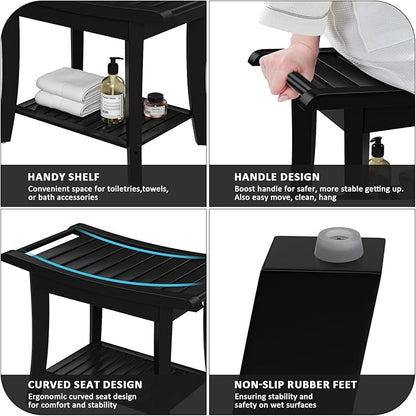 Bamboo Shower Stool Bench Waterproof with Storage Shelf for Shaving Legs or Spa Bath Seat in Bathroom & Inside Shower for Adults Seniors Elderly (24 x 13.4 x 18.5 inches+Black)