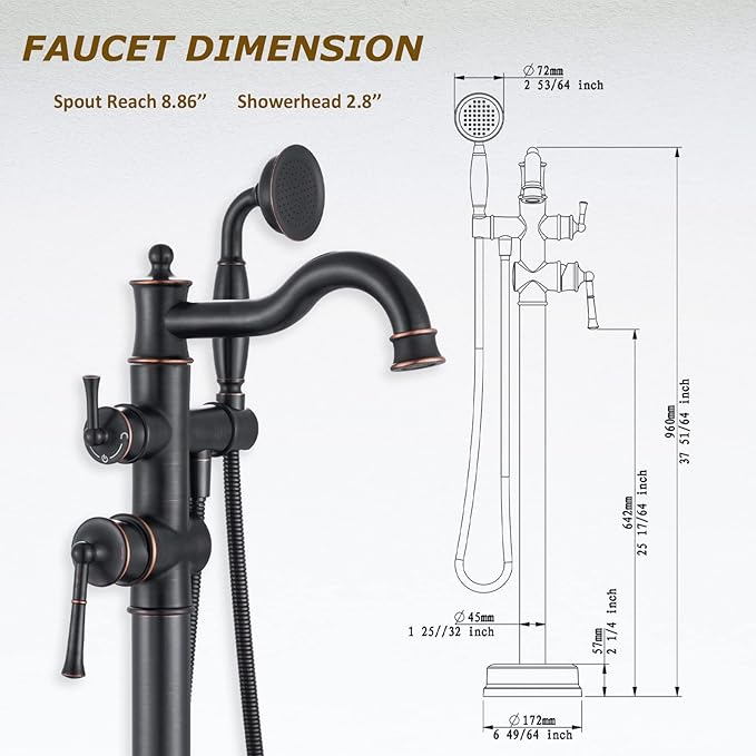 Freestanding Floor Mount Tub Filler with Handheld Shower Roman Bathtub Faucet by ORB Finish, Swivel Spout with Brass Rough-in and Water Hose