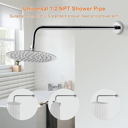 HarJue Shower Arm with Flange and Teflon Tape, Wall Mounted Shower Pipe 304 Stainless Steel Extension Arm for Fixed Shower Head & Handheld (24 Inch, Chrome)