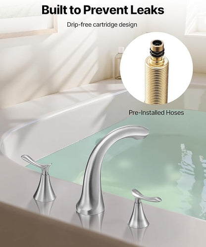 VEVOR Roman Tub Faucet, 3 Hole Waterfall Bathtub Faucet, Gooseneck Bath Tubs Faucets Set with 2 Handles, Deck Mount Bath Tub Faucets Set for Pet Washing, Adult Bathing, Brushed Nickel