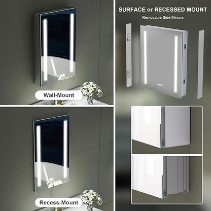 WELLFOR 20" X 30" LED Medicine Cabinet with Mirror, Single Right Opening Door, Recessed or Surface Cabinet Mirror, Bathroom Mirror Cabinet, Medicine Cabinet with Lights with Outlets & USB Ports