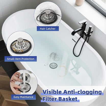 Universal Bathtub Drain Stopper Shower Drain Hair Catcher, Tub Stopper with Visible Top Strainer, Upgraded 3 in 1 Pop-up Drain Plug Fit for 1.5 to 2.4" Hole, Stainless Filter Basket, Brushed Nickel