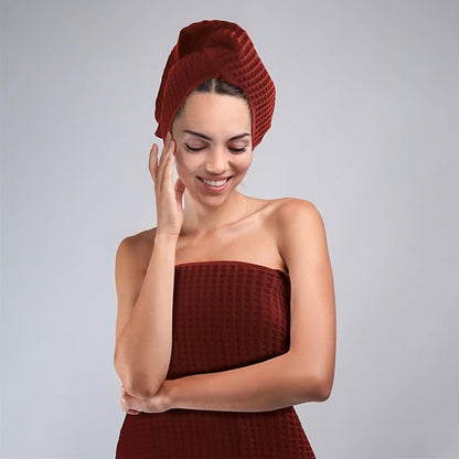 PÜSKÜL Organic Waffle Kitchen Towel 100% Turkish Cotton Set of 3 Red Brick - Premium Quality, Soft, Quick-Dry, Absorbent, Lint-Free Hand Towels 32X16 Inches (3, Brick)