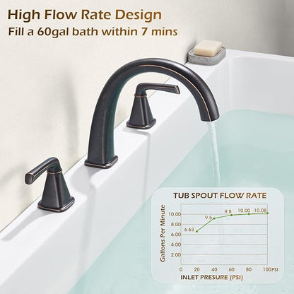 Brass Roman Gooseneck Tub Filler, Oil Rubbed Bronze Garden Tub Faucet Deck Mount Bath Faucet Set, 3 Hole High Flow with Valve & Hose, 12-20in Widespread
