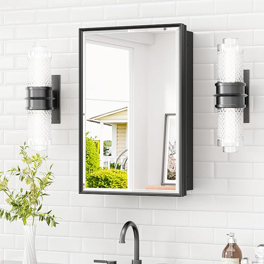 TETOTE 16" x 24" Medicine Cabinet with Beveled Mirror Black Framed Recessed Medicine Cabinet for Bathroom with Stepless Adjustable Shelves Wall-Mounted