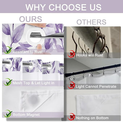 No Hook Shower Curtain and Liner Set, Light Purple Eucalyptus Floral Shower Curtains for Bathroom, Bath Curtain Sets with Snap in Liner, Waterproof with See Through Top Window, 71x84 Inches