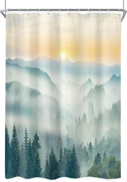 Riyidecor Small Stall Mountain Shower Curtain 54Wx78H Inch Rv Narrow Extra Long Green Sunset Sunrise Scenery Landscape Woodland Bathroom Decor Fabric Polyester Waterproof 12 Pack Hooks