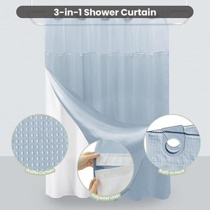 Inhousolu Extra Long No Hook Shower Curtain with Snap in Fabric Liner Set Waffle Weave 230GSM Weighted Hem, Waterproof & Washable Bathroom Curtain Spa Luxury with Mesh Top Window 72"W x 84"L Fog Blue