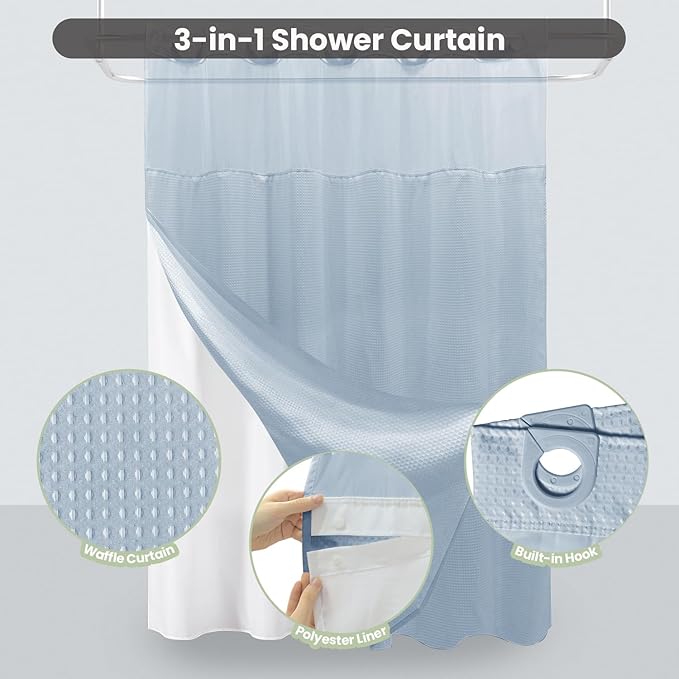 Inhousolu Long No Hook Shower Curtain with Snap in Fabric Liner Set Waffle Weave 230GSM Weighted Hem, Waterproof & Washable Bathroom Curtain Spa Luxury with Mesh Top Window 72" W x 78" L Fog Blue