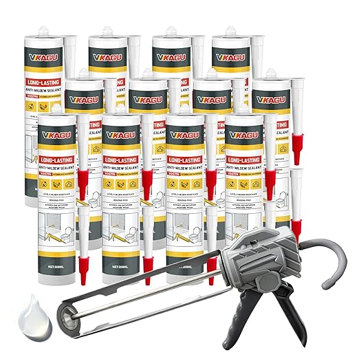 VGS 798Professional Silicone Sealant Caulk 10.15 Oz Cartridge, 12 Pack - for Kitchen & Bathroom, Clear, 100% Waterproof Silicone Sealant,Shrink & Crack Proof