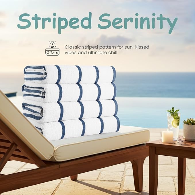 CASA COPENHAGEN Cabana Pool 2 Pieces Large Bath Sheet Set 70" x 35", 550 GSM, Designed in Denmark, Made of Soft Egyptian Cotton for Bathroom, Beach & Shower - White Navy Stripe