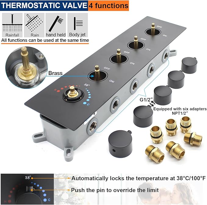 Thermostatic Shower System with 14x20 Inch Ceiling Mount LED Head & 6 Inch Wall Head and Handheld Shower 4 Function Vale with body jets Can All Run Together, Matte Black