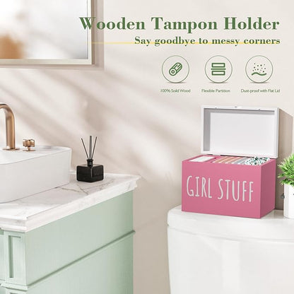 Tampon Holder for Bathroom with Hinged Lid, Feminine Product Organizer, Bathroom Period Products, Toilet Organizer, Bathroom Accessories Box for Girl Stuff (Pink)