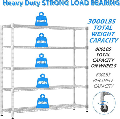 Homdox 5 Tier Heavy Duty Metal Wire Shelving with Wheels, 3000 lbs Capacity Garage Storage Rack, Rolling Industrial Storage, Adjustable Commercial Shelves for Kitchen, Warehouse, 18"x60"x82", Chrome