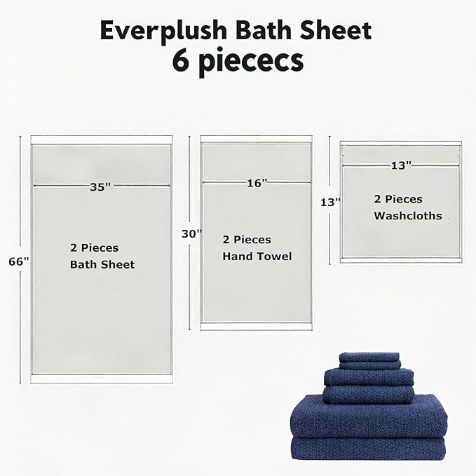 Everplush Diamond Collection 6-Piece Bath Sheet Towel Set, Soft Plush Jacquard Luxury Bath Towels,Highly Absorbent & Fast-Drying Luxury Towels Sets for Bathroom,Shower, or Spa (Navy, Bath Sheet 6PK)