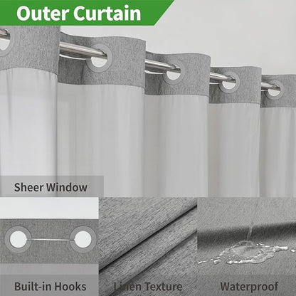 No Hooks Needed Linen Textured Shower Curtain with Snap-in Fabric Liner Set,Grey Hotel Luxury Decor Shower Curtains for Bathroom,Waterproof & Washable,71Wx77H