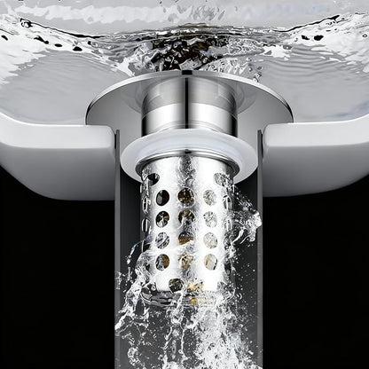 Beruth Bathroom Sink Stopper Hair Catcher, 304 Stainless Steel Pop Up Drain Strainer for 1.1''~2.36'' Basin, Upgraded Silent & Odor-Proof Design, Removable Filter Basket & Easy Install（All Metal）