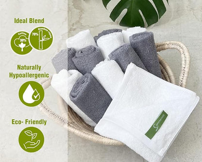 12 Pack Washcloths 13" x 13" - Soft Wash Cloths for Your Face Towel, Wash Cloths for Your Body (White + Gray)