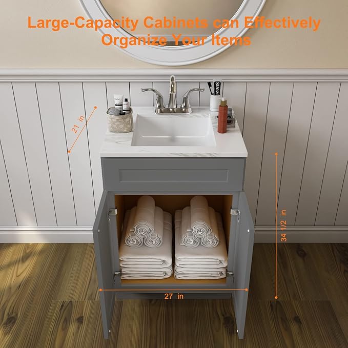 ROOMTEC Bathroom Cabinet, 27'' Free Standing Single Bathroom Vanity with 1 False Drawer and 2 Doors,Morden Bathroom Sink Vanity Storage Cabinet, Shaker Gray