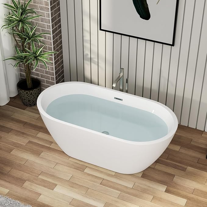 59" Acrylic Freestanding Bathtub - Mocoloo White Oval Shape Soaking Bath Tub with Stainless Drain and Overflow Assembly for Classic Modern Bathrooms