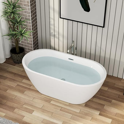 59" Acrylic Freestanding Bathtub - Mocoloo White Oval Shape Soaking Bath Tub with Stainless Drain and Overflow Assembly for Classic Modern Bathrooms