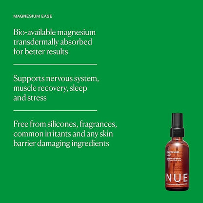 The Nue Co Magnesium Ease Skin Spray for Muscle Pain & Tension Relief with Lavender & Arnica Oil High Absorption Sports Recovery & Sleep Vegan, Paraben-Free, Non-Toxic, 60ml