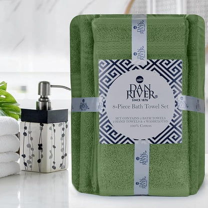 DAN RIVER 8 PC Luxury Bath Towels for Bathroom, 2 Bath, 2 Hand, and 4 Wash Cloths, 600 GSM 100% Ring Spun Cotton Towel Set, Highly Absorbent, Gym, Hotel, and Spa, Sage Green