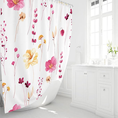 Gibelle Watercolor Floral Shower Curtain, Hot Pink Flower Shower Curtain for Bathroom, Modern Minimalist Waterproof Fabric Shower Curtain Set 72x72 Inch