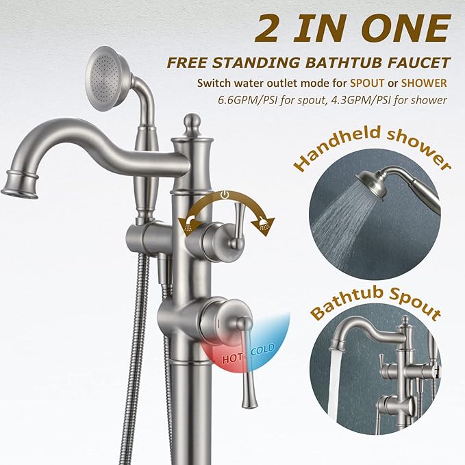 Freestanding Floor Mount Tub Filler with Handheld Shower Roman Bathtub Faucet by Brushed Nickel Finish, Swivel Spout with Brass Rough-in and Water Hose