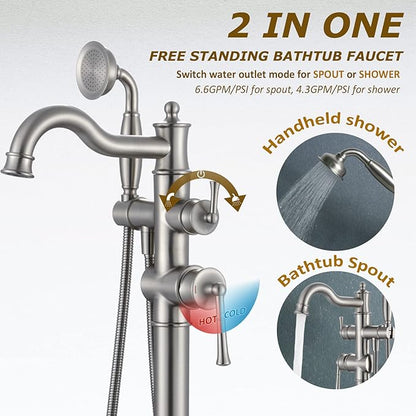 Freestanding Floor Mount Tub Filler with Handheld Shower Roman Bathtub Faucet by Brushed Nickel Finish, Swivel Spout with Brass Rough-in and Water Hose