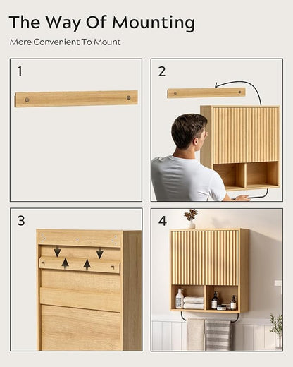Fluted Wall Cabinet, Modern Wood Floating Bathroom Cabinet with Hanging Rod and Adjustable Shelf, Wall Mount Medicine Cabinet Natural Oak