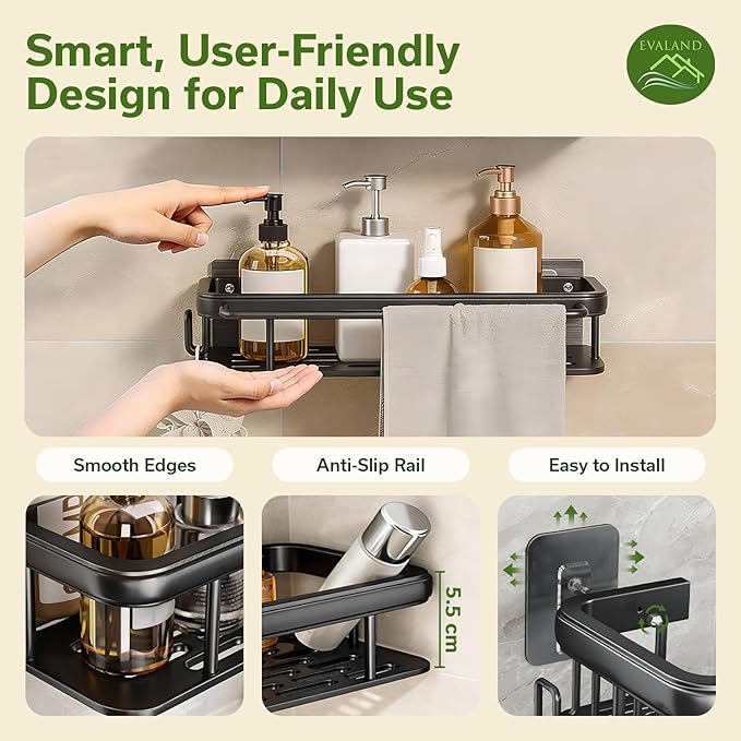 Shower Caddy Adhesive 2Pack with Hooks and Rod for Towels Black-Premium Bathroom Shower Shelves Shampoo Organizer Rack Storage Bathtub Shelf Rustproof Easy Installation Sturdy Build Sleek Modern Look