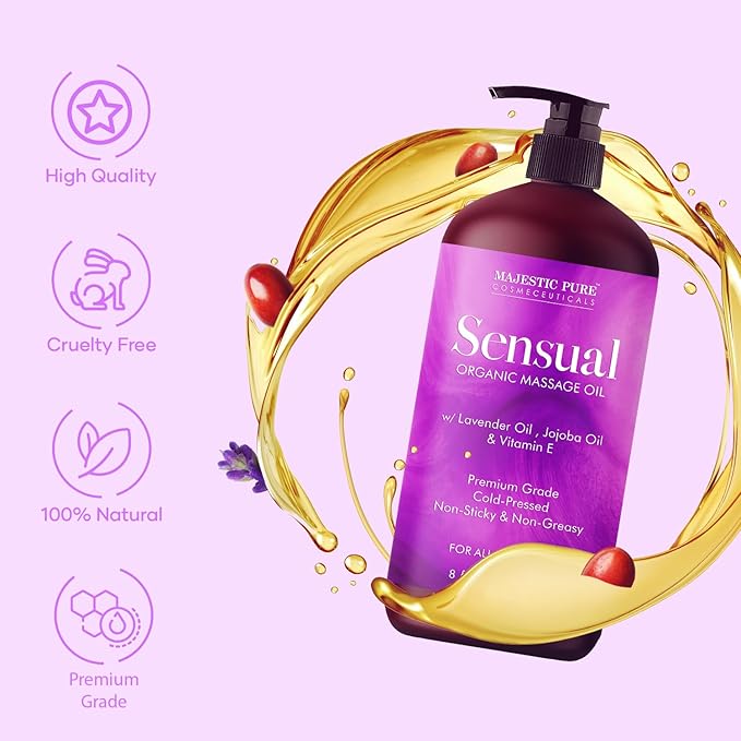 MAJESTIC PURE Organic Sensual Massage Oil for Massage Therapy - Refreshing, and Relaxing - Natural Oils for Date Night with Vitamin E - for All Skin Types - Men and Women - 8 fl oz